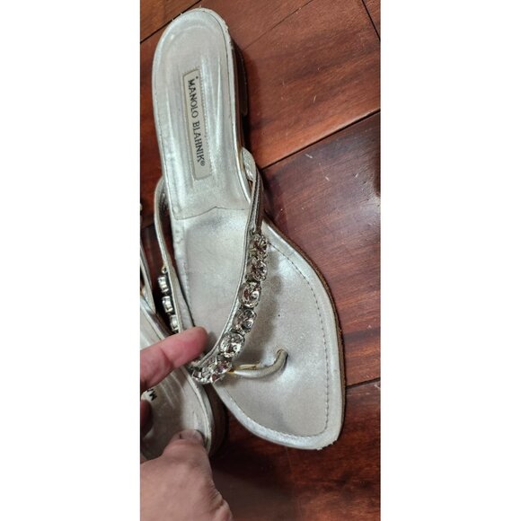 Manolo Blahnik Silver Crystal Thong Sandals Size 39.5 / 9.5 Designer Slide Shoes - Picture 5 of 14